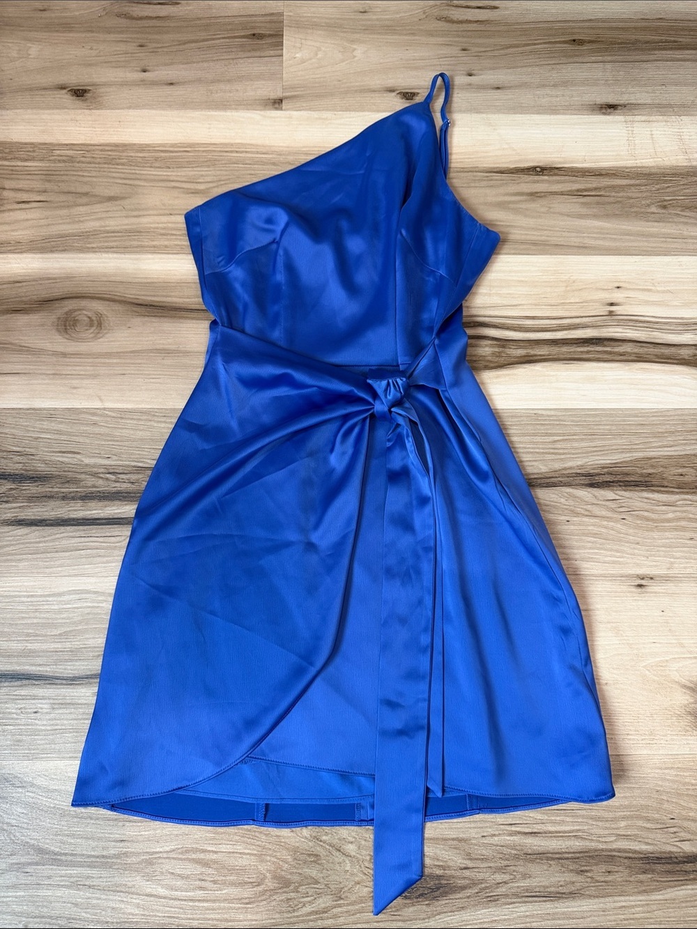 Gianni Bini Cobalt One-Shoulder Satin Wrap Dress with Tie
